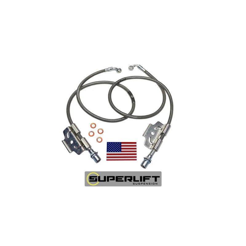 Superlift Bullet Proof braided stainless steel brake hoses with Kevlar bladder and crush washers.
