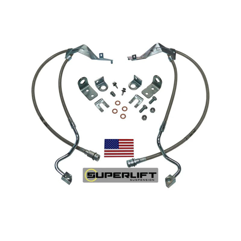 Pair of Superlift Bullet Proof stainless steel braided brake hoses for 2005-2007 Ford F-250 and F-350 Super Duty.