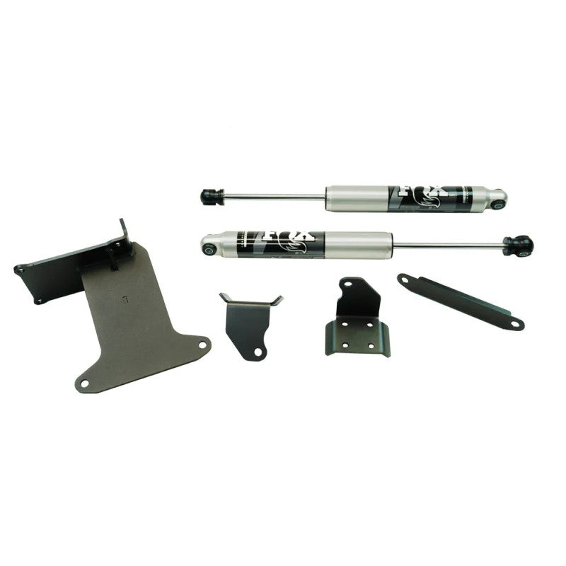 Superlift dual steering stabilizer kit with two Fox 2.0 Performance Series aluminum shocks and mounting brackets.