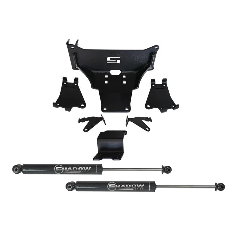 Superlift dual steering stabilizer kit with two shocks and black mounting hardware for 2005-2022 Ford Super Duty trucks