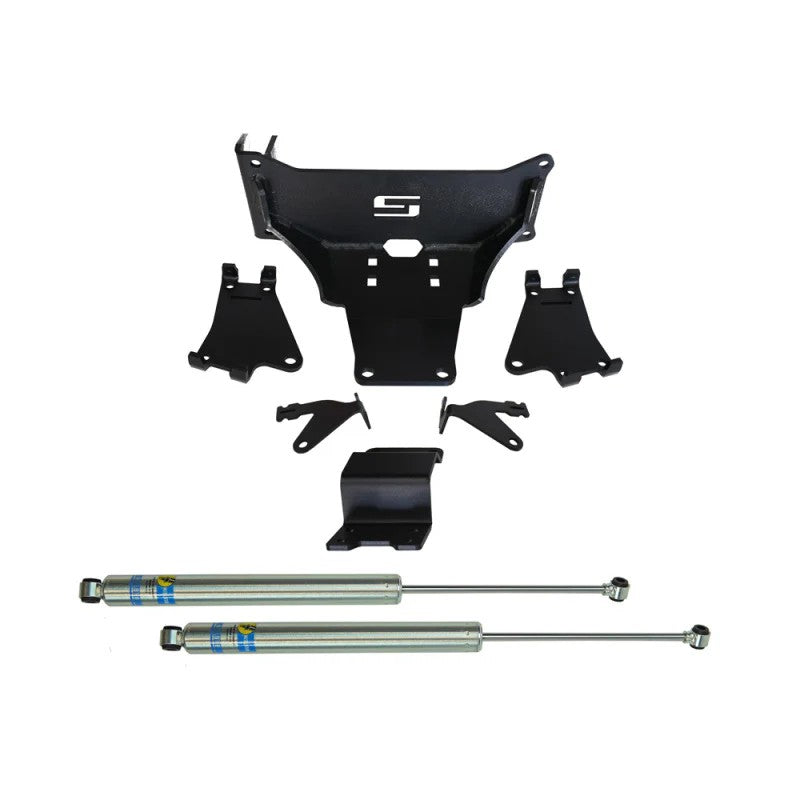Superlift dual steering stabilizer kit with two Bilstein dampers and mounting brackets for Ford F-250/F-350 4WD.