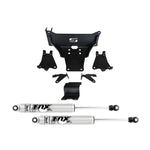Superlift dual steering stabilizer kit featuring two FOX 2.0 shocks, mounting brackets, and installation hardware.