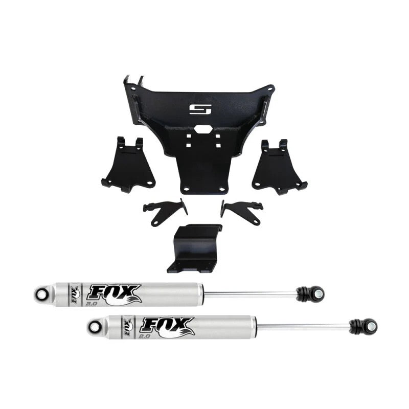 Superlift dual steering stabilizer kit featuring two FOX 2.0 shocks, mounting brackets, and installation hardware.