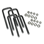 Four Superlift square-top steel U-bolts with matching nuts and washers for vehicle suspension.