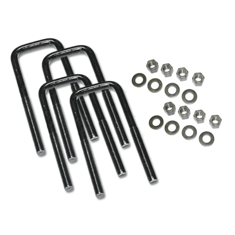 Four Superlift square-top steel U-bolts with matching nuts and washers for vehicle suspension.