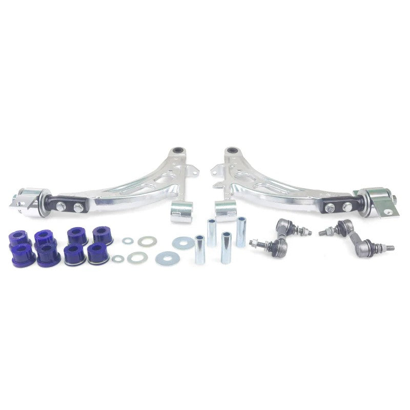 SuperPro ALOY0020K alloy front lower control arms with pre-installed bushings and adjustable sway bar end links.
