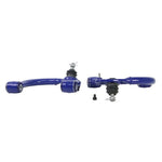 Black SuperPro fixed offset front upper control arms with heavy duty ball joints and blue bushings for Toyota and Lexus.