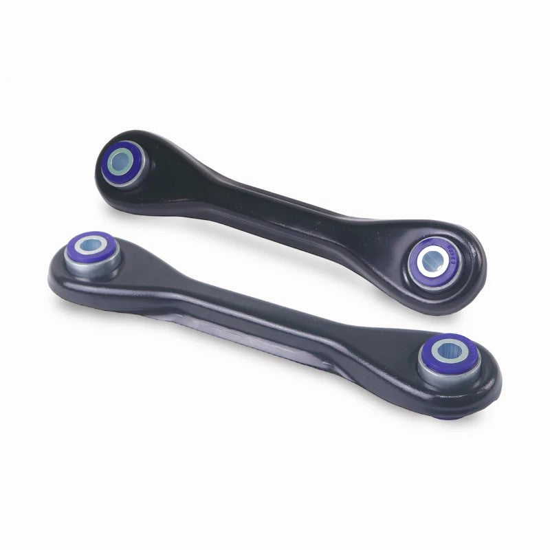 SuperPro TRC1148 rear lower control arm set featuring pre-installed blue polyurethane bushings and steel construction.