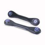 SuperPro TRC1148 rear lower control arm set featuring pre-installed blue polyurethane bushings and steel construction.