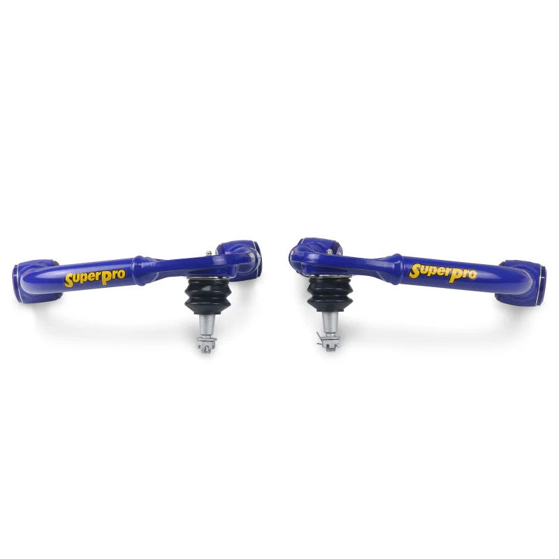SuperPro TRC6670 front upper control arms with blue bushings and heavy-duty ball joints for Ford F-150 and Expedition.