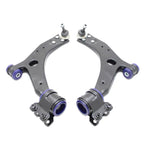 SuperPro TRC1135 front lower control arm assembly kit with 18mm ball joints and pre-installed blue polyurethane bushings.