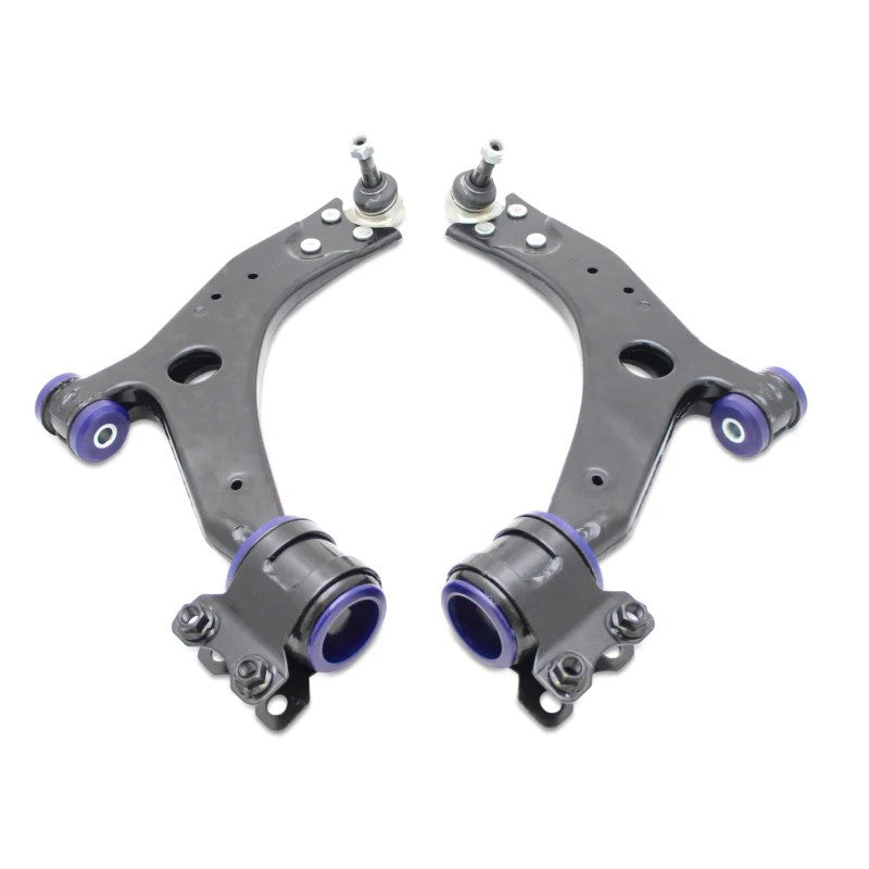 SuperPro TRC1135 front lower control arm assembly kit with 18mm ball joints and pre-installed blue polyurethane bushings.