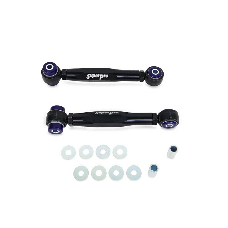 SuperPro TRC1218 heavy-duty adjustable lower rear toe arms featuring blue lifetime bushings.