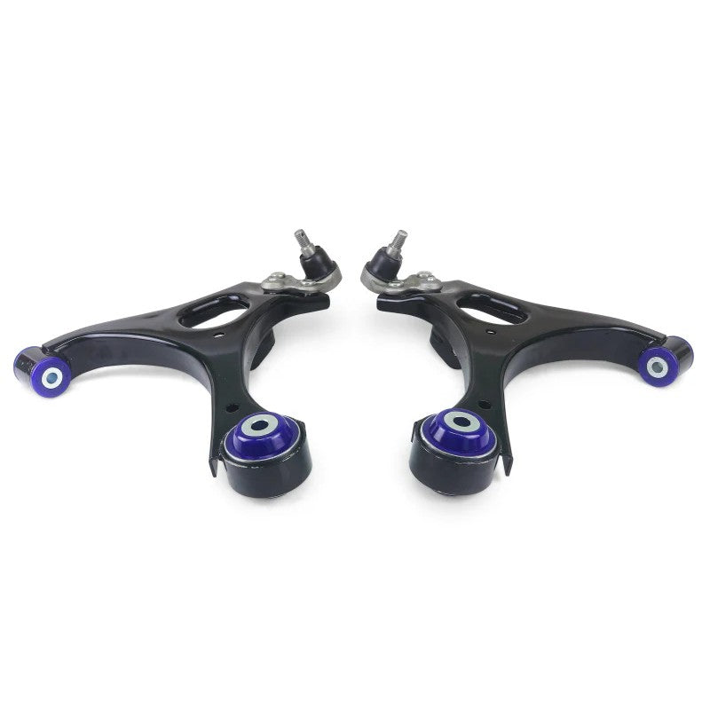 SuperPro front lower control arm set with pre-installed blue polyurethane bushings and ball joints for Honda Civic.
