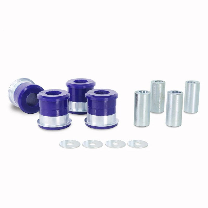 SuperPro blue polyurethane offset inner bushings for front upper control arm camber adjustment.