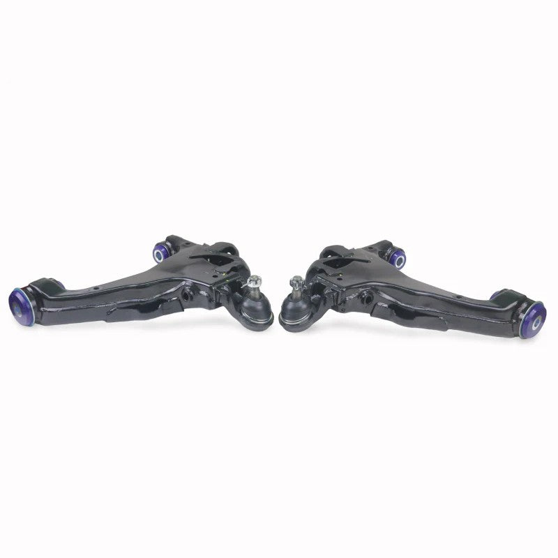 SuperPro TRC486 front lower control arm pair with pre-installed blue polyurethane bushings and heavy-duty ball joints.