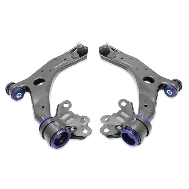 SuperPro TRC1051 front lower control arm pair with pre-installed blue polyurethane bushings and new ball joints