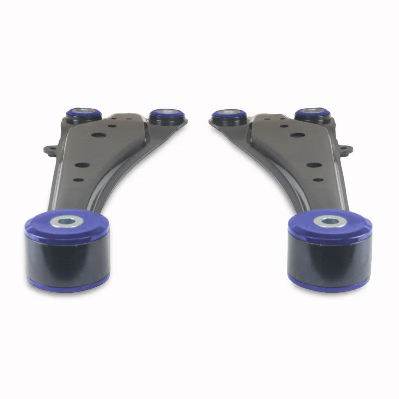 SuperPro TRC1161 rear trailing arm set featuring pre-installed blue polyurethane bushings and new ball joints.
