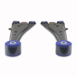 SuperPro TRC1161 rear trailing arm set featuring pre-installed blue polyurethane bushings and new ball joints.