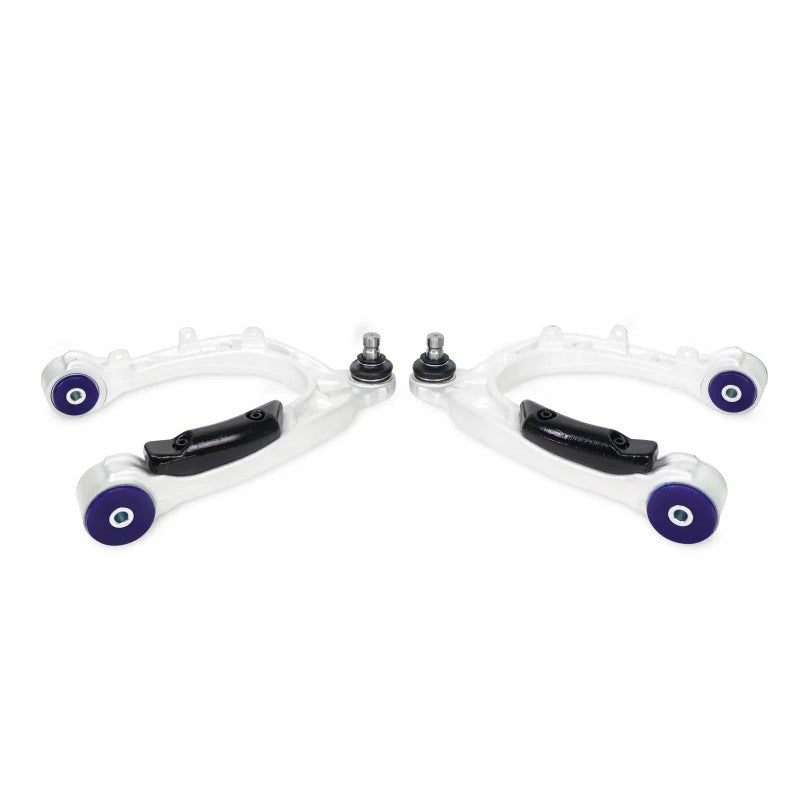 SuperPro front upper control arm set with pre-installed polyurethane bushings and ball joints for Tesla Model 3 and Y.