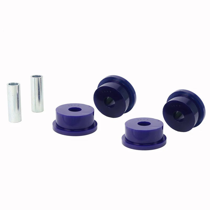 Blue SuperPro polyurethane rear subframe forward mount bushing set with metal crush tubes for 1982-1986 Celica Supra.