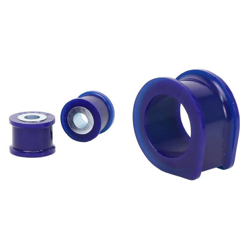 Blue SuperPro polyurethane front steering rack and pinion mount bushing set, 47mm bore size.