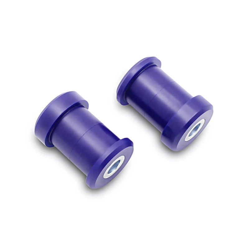 SuperPro SPF3881K blue polyurethane front lower inner rearward control arm bushing kit with metal sleeves.