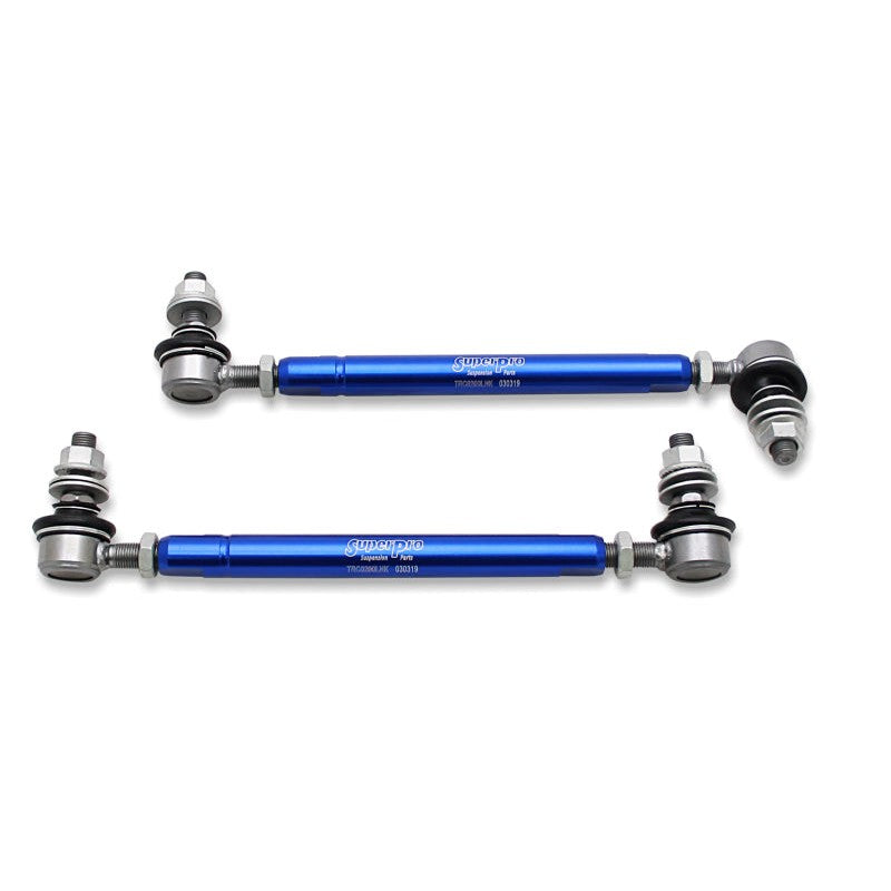 SuperPro TRC12200 heavy duty adjustable front sway bar end link set with 12mm studs and alloy link balls.