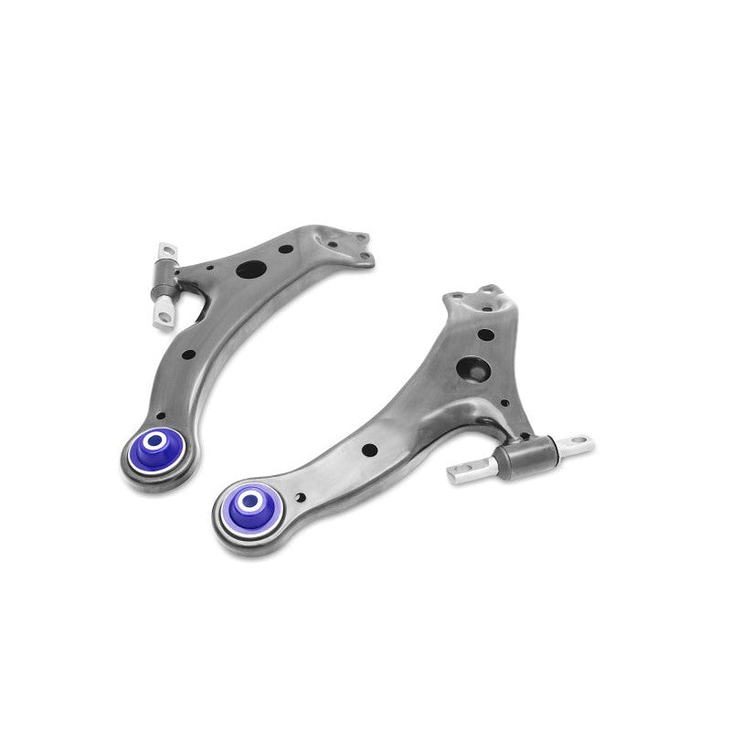 SuperPro TRC1020 front lower control arm set featuring pre-installed bushings for 2001-2017 Toyota and Lexus vehicles.
