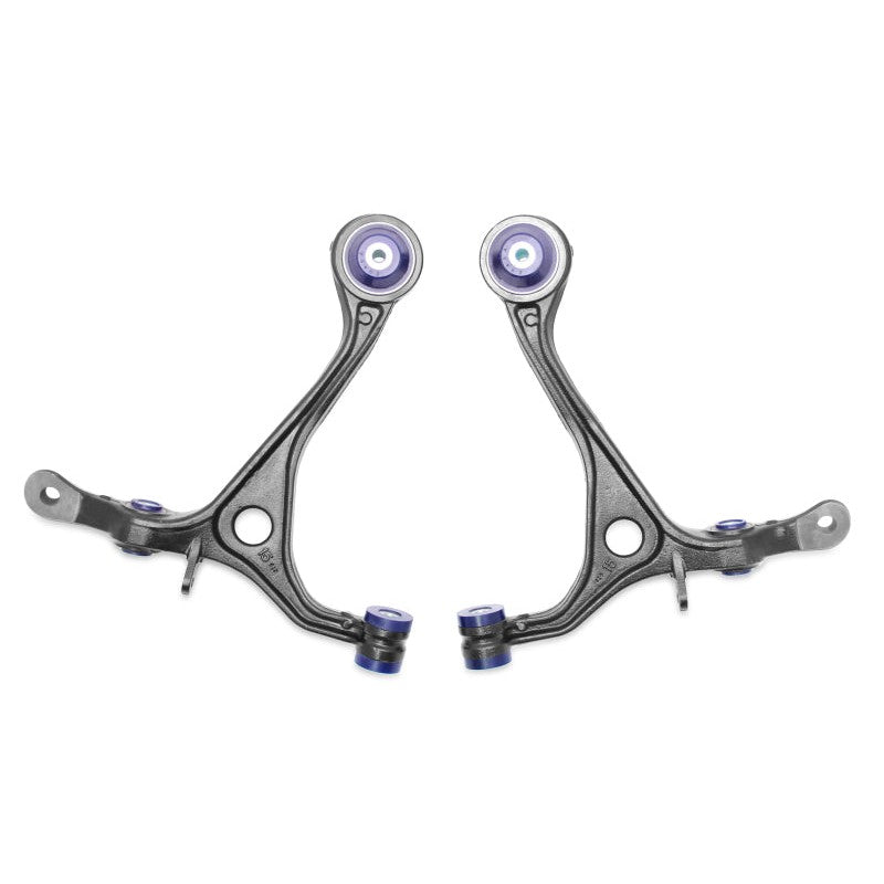 Pair of SuperPro TRC1096 front lower control arms with pre-installed blue bushings for 2003-2008 Acura TSX and Honda Accord