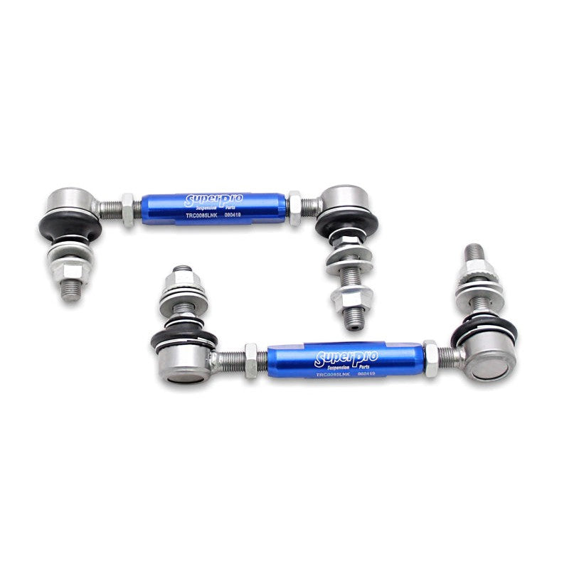 SuperPro TRC1285L front heavy-duty adjustable sway bar end links with silver alloy bodies and ball joint ends