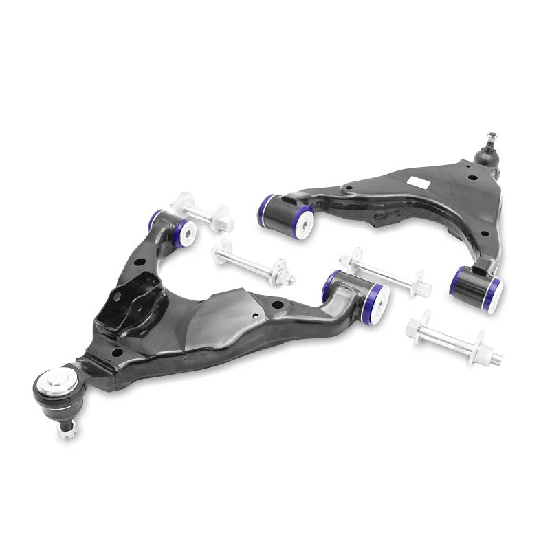 SuperPro TRC482 front lower control arm kit featuring offset bushings, ball joints, and replacement camber bolts.
