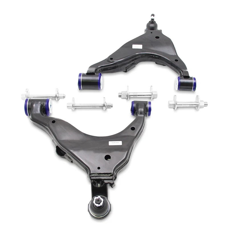 SuperPro TRC481 heavy-duty front lower control arm kit with pre-installed bushings, ball joints, and camber bolts.