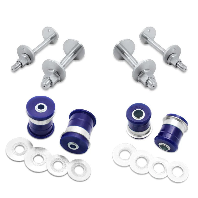 SuperPro TRC120LCAADJ polyurethane offset bushings and heavy-duty camber pins for Toyota and Lexus lower control arms.