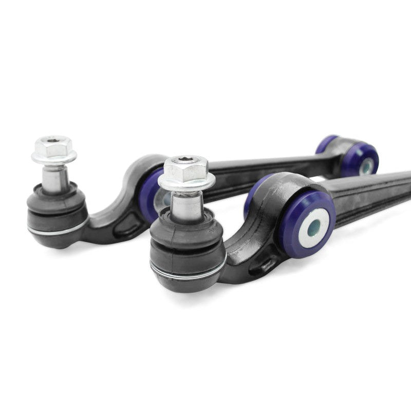SuperPro TRC1055 front lower control arm set featuring pre-installed polyurethane bushings and new ball joints.