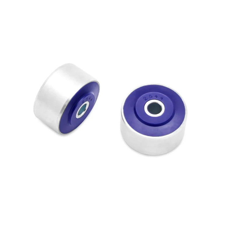 SuperPro SPF2544K blue polyurethane rear upper rearward differential mounting bracket bushing set with metal sleeves.