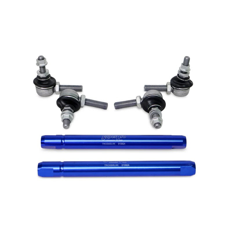Pair of SuperPro TRC10200 heavy-duty adjustable sway bar end links with 10mm ball joint studs and alloy bodies.