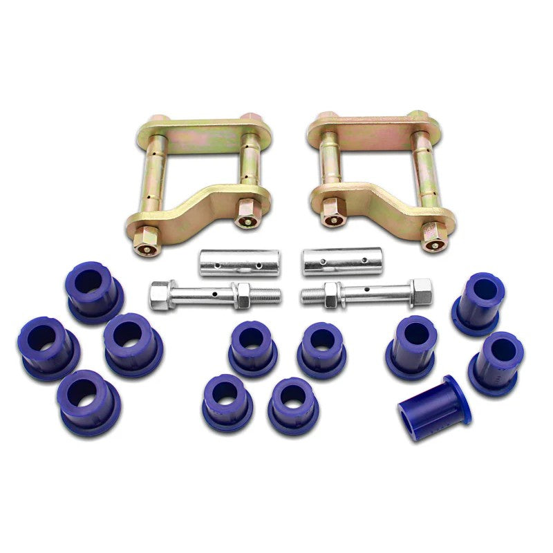 SuperPro KIT141SK Rear Greasable Shackle and Bushing Kit featuring heavy-duty shackles, pins, and polyurethane bushings