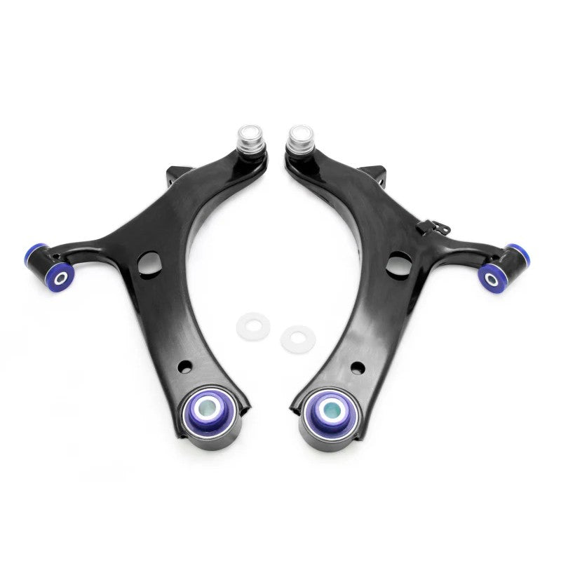 SuperPro TRC1058 front lower control arm set with pre-installed polyurethane bushings and ball joints for Subaru models.