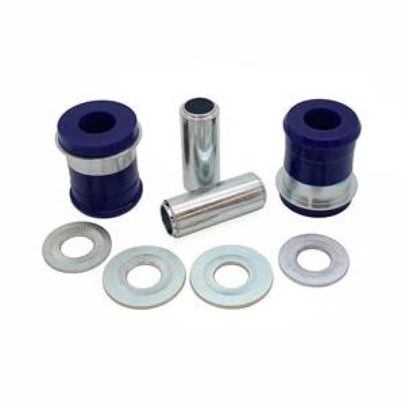 SuperPro SPF4690K blue polyurethane front lower inner forward control arm bushings with metal crush tubes.