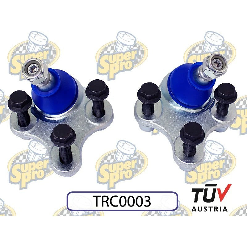 SuperPro TRC0003 front lower camber adjustable ball joint set with slotted base plates and mounting hardware.