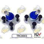 SuperPro TRC0003 front lower camber adjustable ball joint set with slotted base plates and mounting hardware.