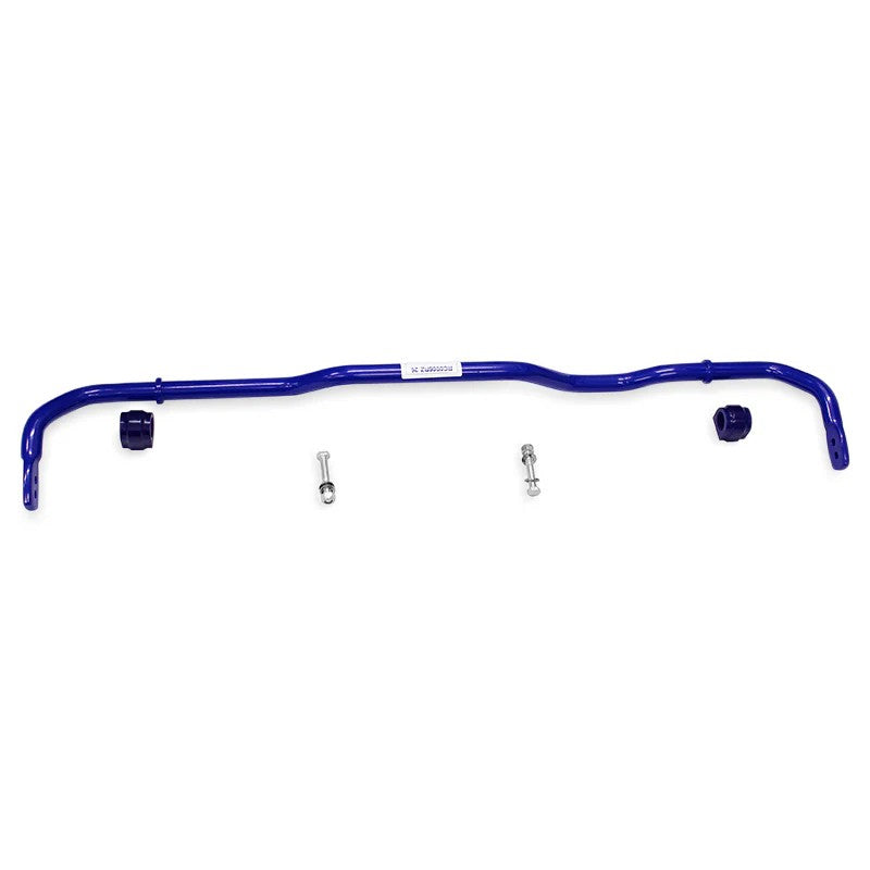 SuperPro Roll Control 26mm 2-position adjustable rear sway bar with blue powder coat finish and mounting hardware.
