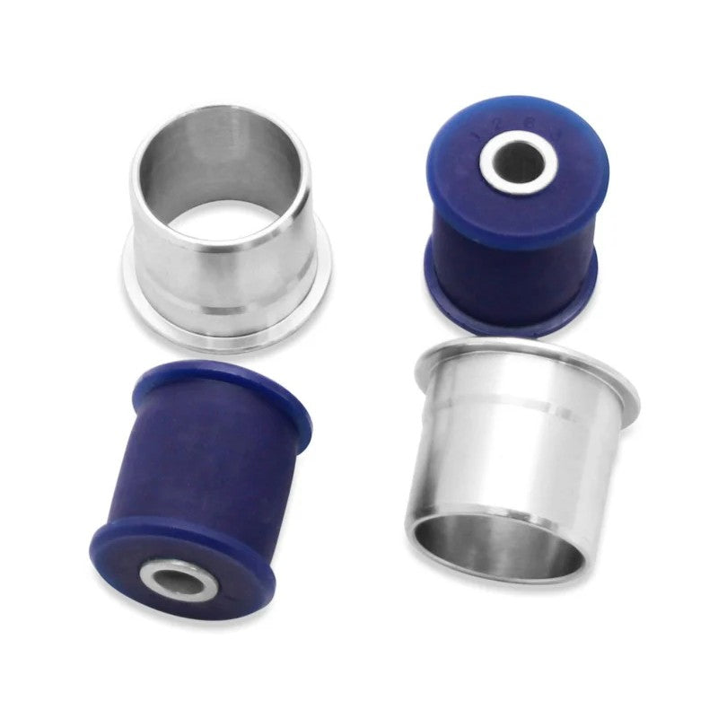 Blue SuperPro SPF3751K polyurethane bushings for Jeep front upper forward control arm axle mounts.