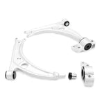 SuperPro ALOY0001K front lower alloy control arms with pre-installed polyurethane bushings and mounting brackets.