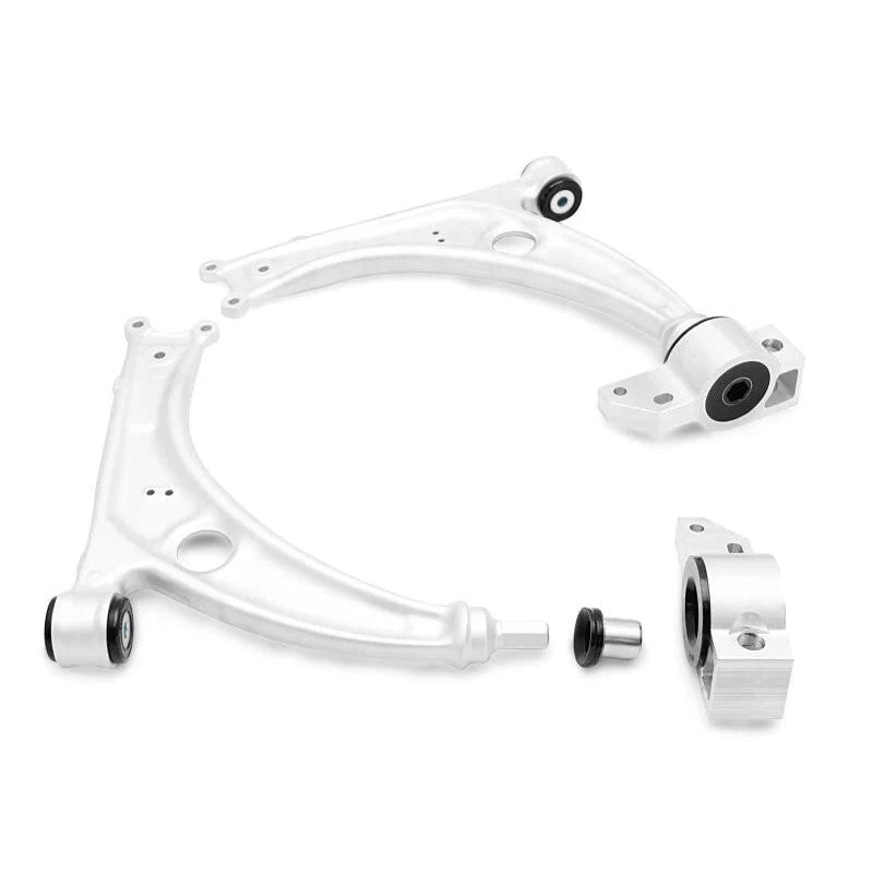 SuperPro ALOY0001K front lower alloy control arms with pre-installed polyurethane bushings and mounting brackets.