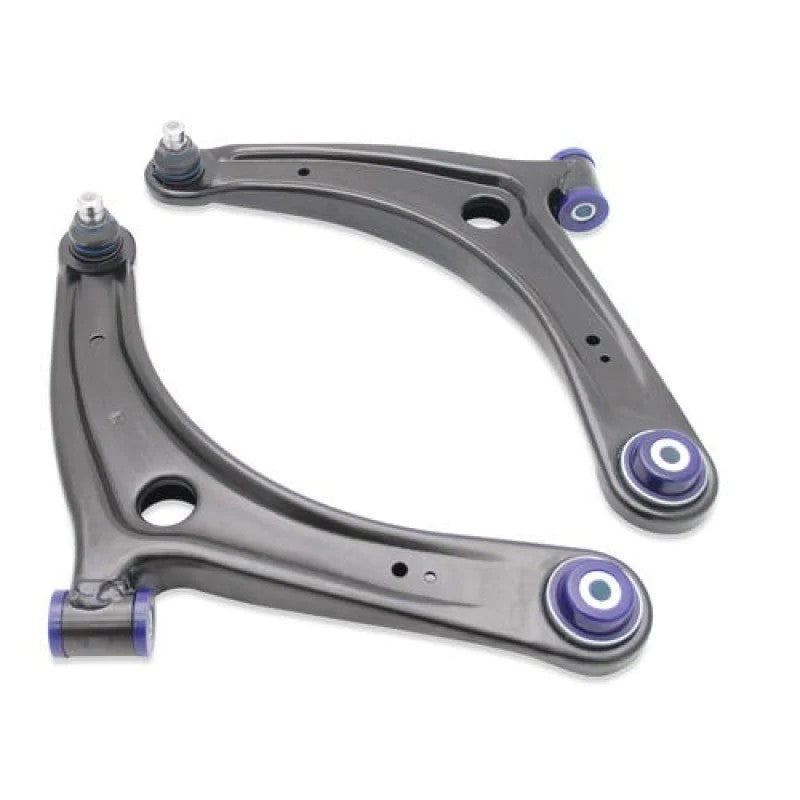Pair of SuperPro steel front lower control arms with pre-installed blue bushings and ball joints