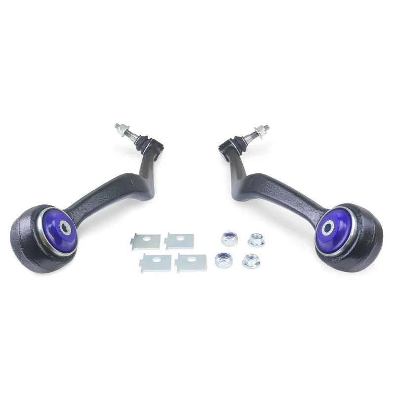 SuperPro TRC1001E alloy front radius arms with pre-installed blue performance bushings and heavy duty ball joints