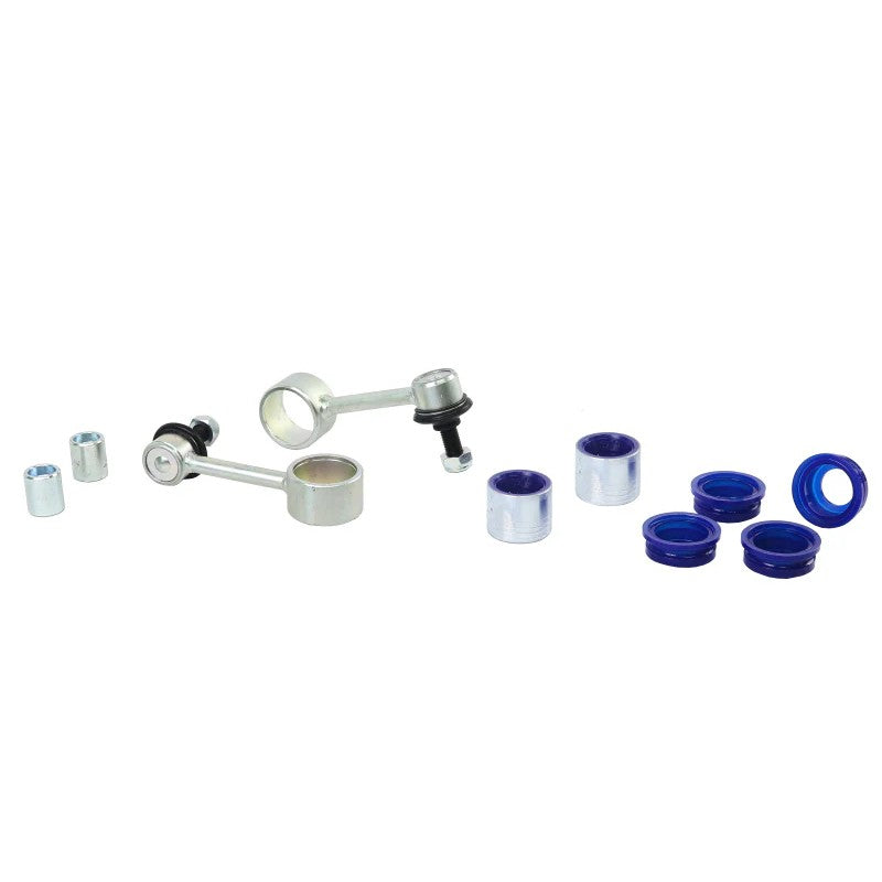 SuperPro heavy-duty rear sway bar end links with high-articulation joints and purple polyurethane bushings.