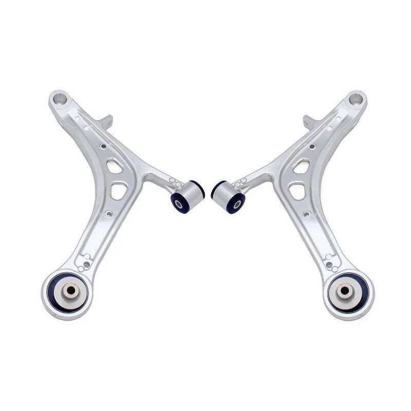 SuperPro ALOY0015K aluminum front lower control arms with purple polyurethane bushings and DuroBall mounts